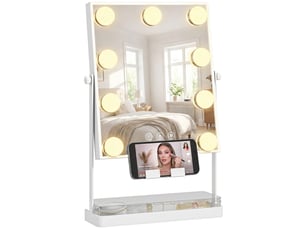 Miroir de maquillage lumineux style hollywood avec 9 ampoules led, 3 couleurs, interrupteur tactile et support pour téléphone - blanc
