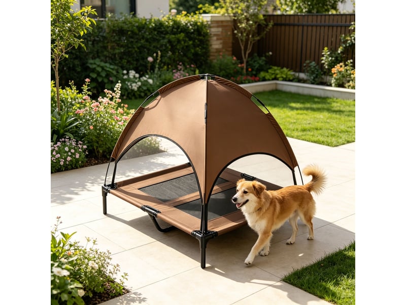  Lit surélevé chats et chiens 92 x 76 x 90 cm – marron – auvent amovible, ombre extérieure et transport facile  - Conforama E