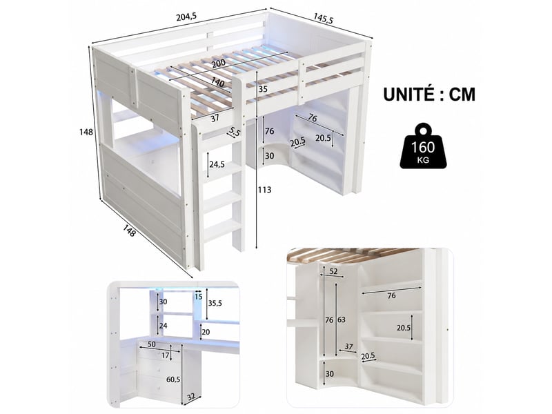  Lit mezzanine enfant 140x200 cm avec bureau intégré, armoire, tiroirs et éclairage led, structure blanche en pin, mdf et contreplaqué  - Conforama C