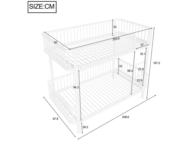  Lit superposé 90 x 200 cm avec angles arrondis et barrières de sécurité en métal blanc sans matelas  - Conforama D