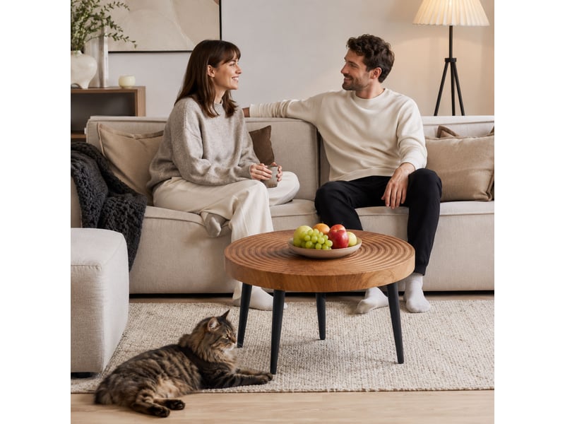  Table basse ronde brun en 3d surface texturée avec pieds en métal pour petit espace  - Conforama B
