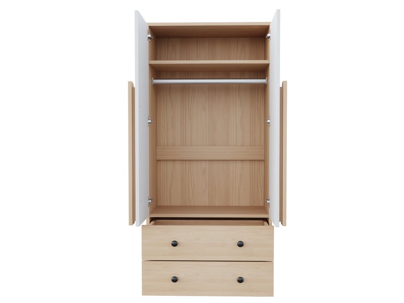  Armoire 70x40x170 cm bois naturel et blanc, 2 portes, tiroirs et étagères de rangement  - Conforama E