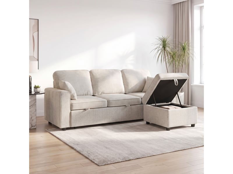 Canapé d'angle convertible en chenille, beige, canapé-lit 3 places modulaire 225 cm avec pouf de rangement - Conforama E