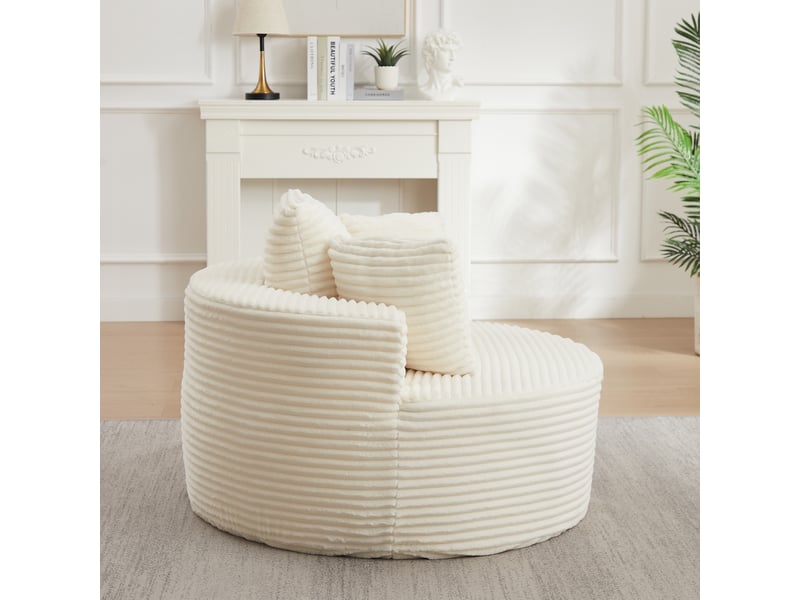  Canapé 1 place rond 110 cm en velours côtelé, fauteuil lounge avec 3 coussins, assise cocooning pour salon et chambre - beige  - Conforama D