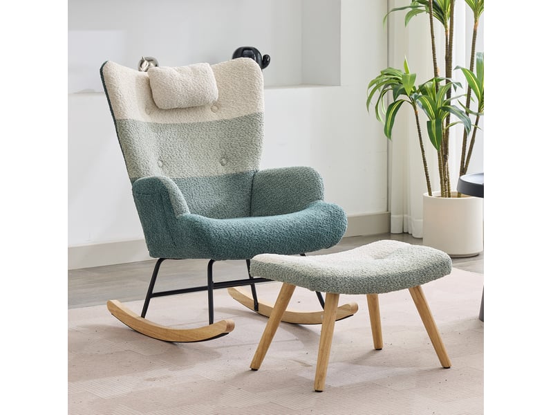  Fauteuil à bascule ergonomique avec pouf et poche latérale, dossier haut, en tissu bouclé multicolore  - Conforama C