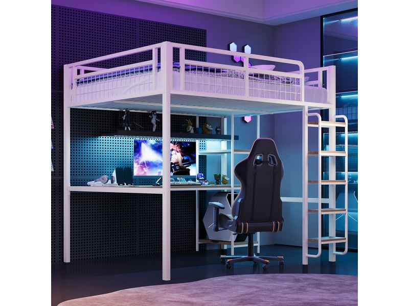  Lit mezzanine 140x200 cm métal blanc, échelle sécurisée, bureau et étagères, barrière sécurité  - Conforama D