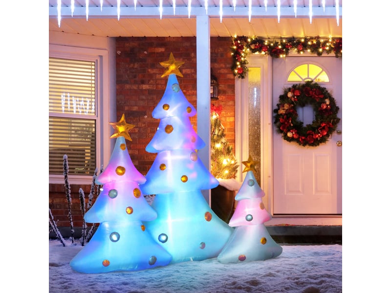  Ensemble de 3 sapins noël gonflables avec souffleur et accessoires fixation, intérieur extérieur, blanc et or  - Conforama C