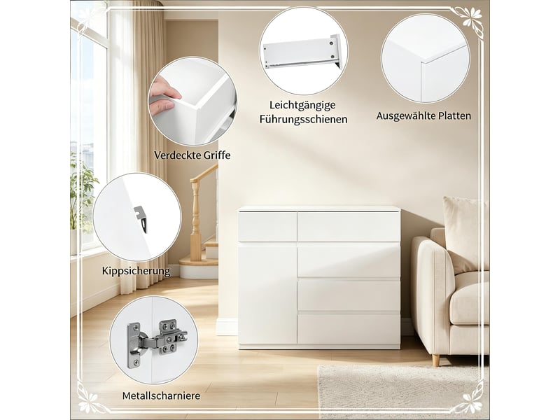  Meuble de rangement,100x40x80 cm,5 tiroirs,panneau de particules,blanc  - Conforama E