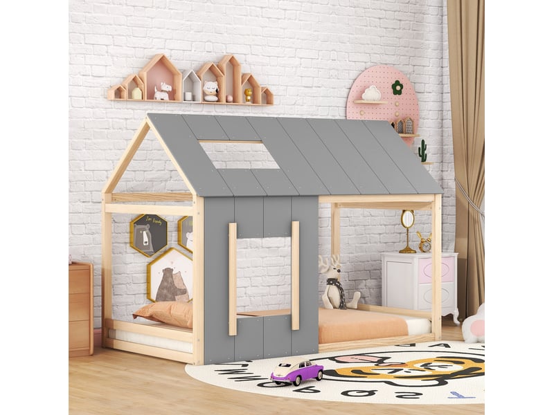  Lit enfant cabane 90x200 cm coloris naturel et gris  - Conforama E