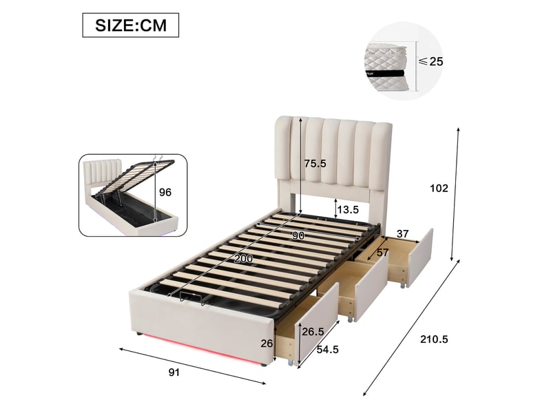  Lit pour enfant coffre, 90x200 cm, lit avec rangement, avec 3 tiroirs pratiques, led, matelas non inclus, coloris beige  - Conforama C