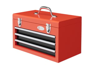 Caisse à outils 45 x 24 x 27 cm rouge en acier, 3 tiroirs, compartiment supérieur et poignée de transport