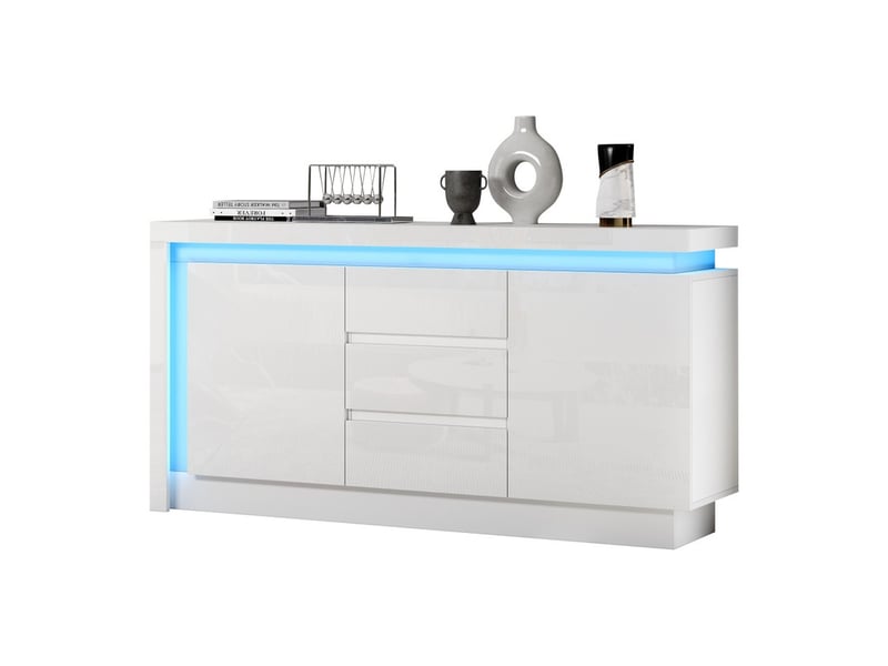  Buffet, trois portes, deux tiroirs, table d'appoint avec étagères réglables, éclairage led, buffet de canapé brillant, blanc  - Conforama A