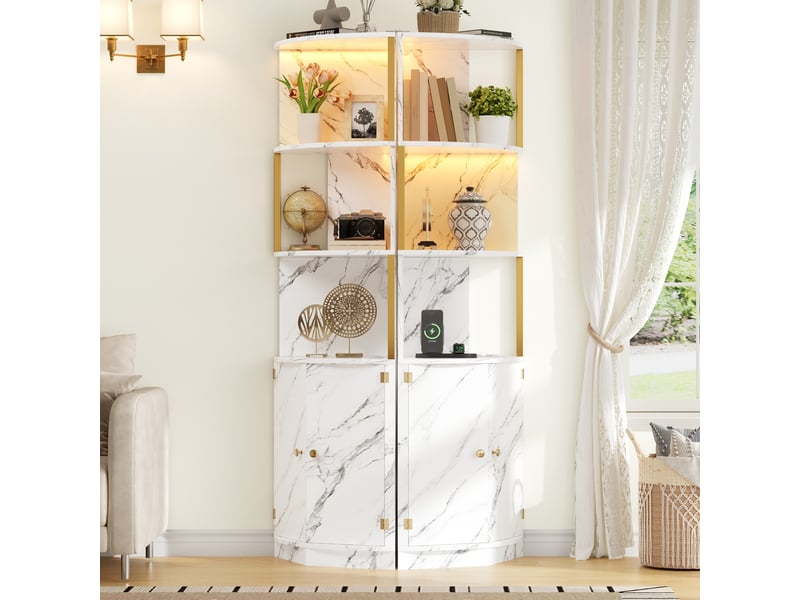  Meuble d'angle avec led et prises, buffet haut 2 portes en mdf blanc, armoire de rangement pour cuisine et salon, 38x38x180 cm  - Conforama W