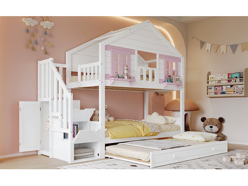  Lit superposé enfant maison avec lit gigogne, pinmdf blanc rose, 90x200cm, fenêtre, toit et sommier robuste  - Conforama B
