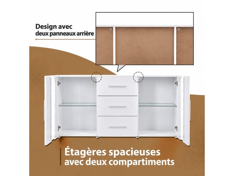 Meuble tv 140 cm 2 portes acryliques 3 tiroirs avec led blanc - Conforama R