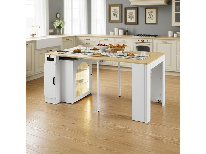  Îlot de cuisine - chariot de cuisine avec table extensible, 3 compartiments et prise électrique, meuble mobile en mdf et verre - natural + blanc - 83×39,6 79,6 119,6 149,6×77 cm  - Conforama C