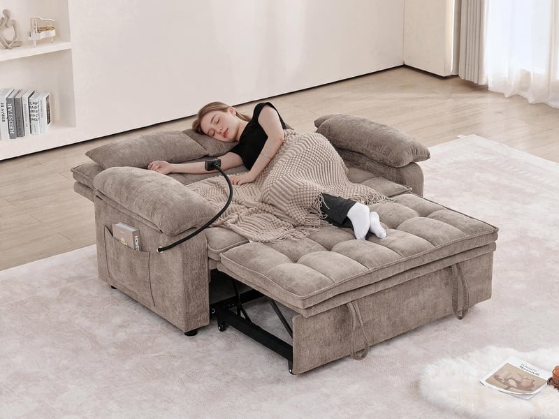  Canapé droit 3-en-1 de 142 cm de large, convertible avec fonction chaise longue, deux coussins lombaires, plateau et porte-gobelets, marron  - Conforama B