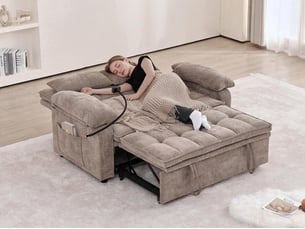 Canapé droit 3-en-1 de 142 cm de large, convertible avec fonction chaise longue, deux coussins lombaires, plateau et porte-gobelets, marron
