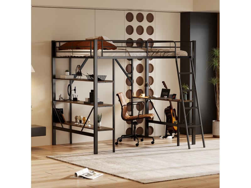 Lit mezzanine 90x200 cm avec bureau et trois tablettes, noir et noyer  - Conforama B