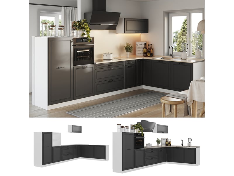Vicco cuisine en angle, anthracite campagneblanc, 347 x cm plan de travail chêne doré - Conforama D
