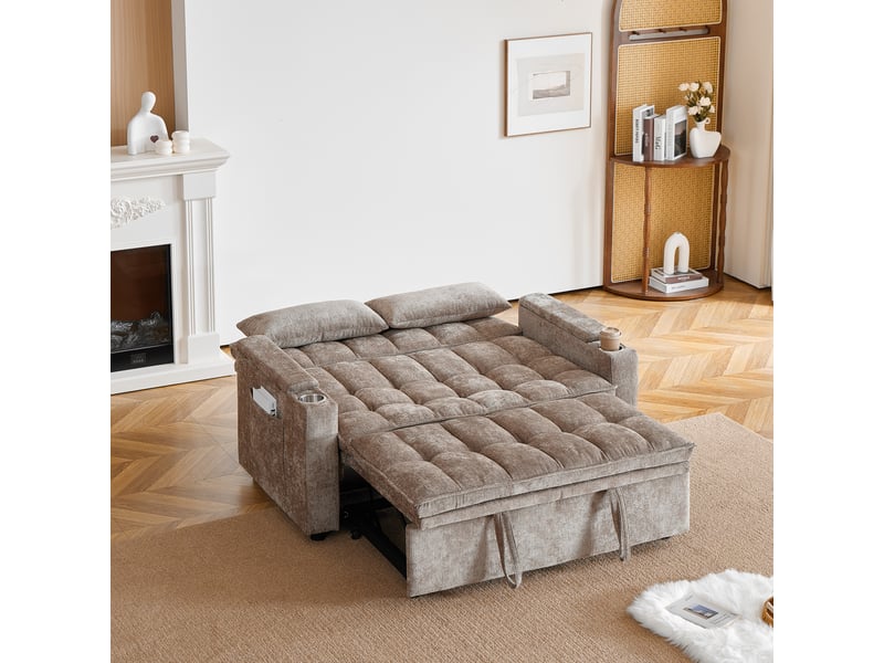 Canapé convertible 2 places 142 cm en chenille, canapé-lit avec fonction lit, rangement, porte-gobelets et coussins inclus - marron  - Conforama E