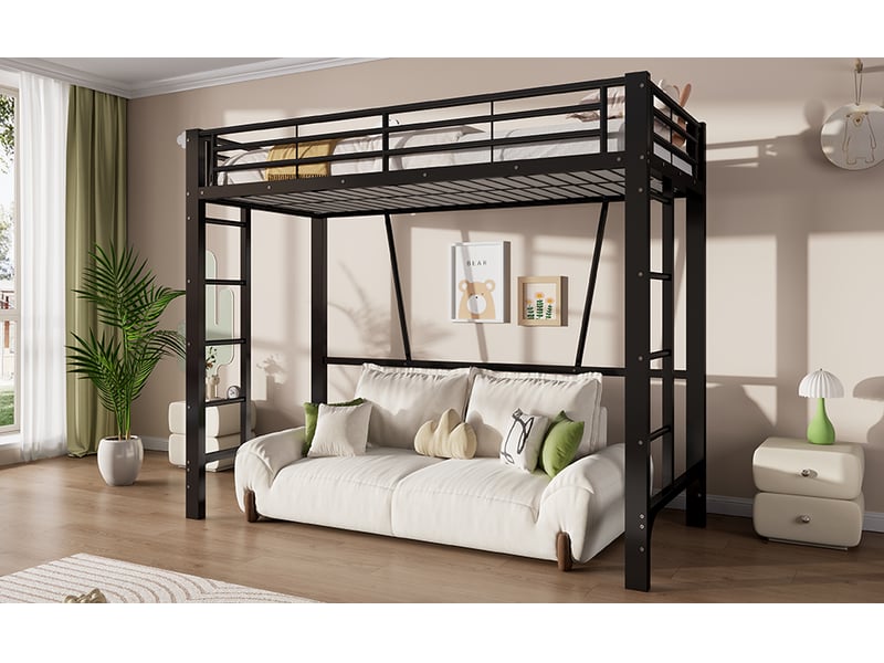  Lit mezzanine 90 x 200 cm avec accès par deux échelles latérales et barrières de sécurité renforcées, métal, noir Morn Vibe - Conforama B