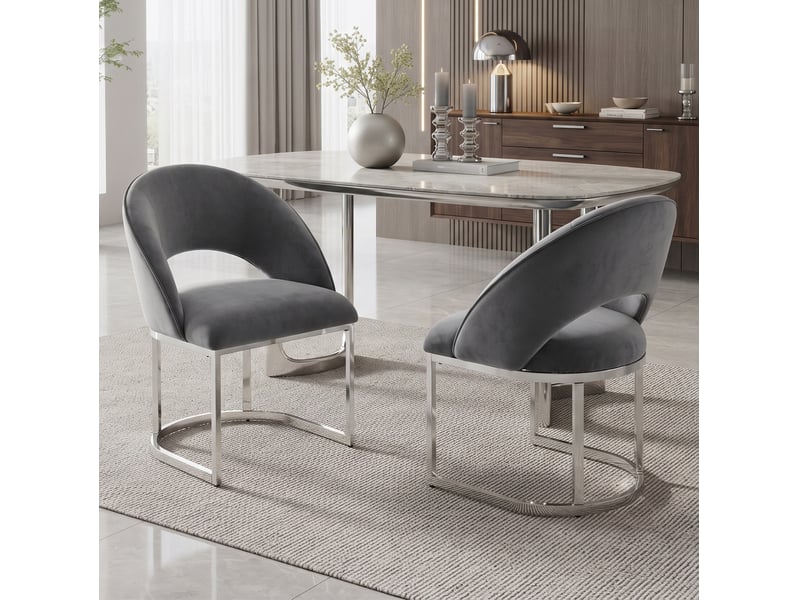  Lot de 4 chaises de salle à manger en velours gris et métal argenté  - Conforama D