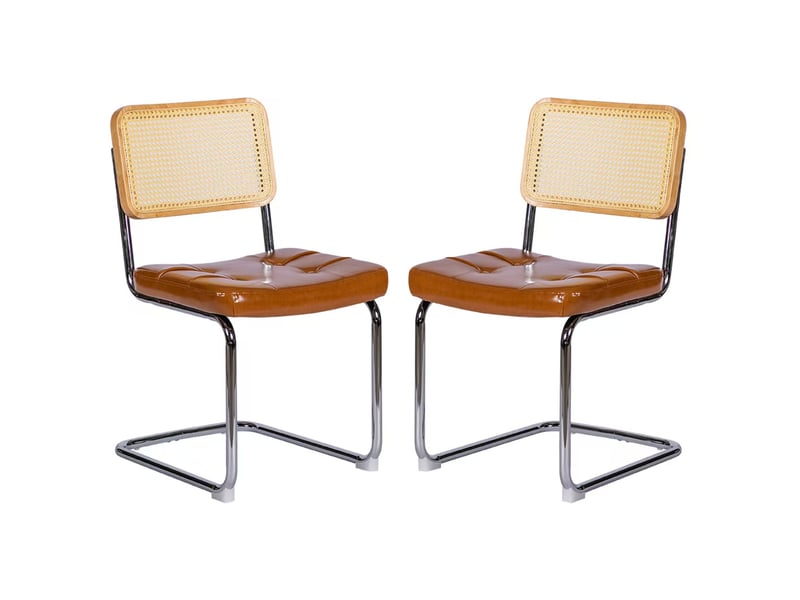  Lot de 4 chaises de salle à manger, chaises de cuisine marron avec dossier respirant en rotin et structure luge en métal chromé.  - Conforama A