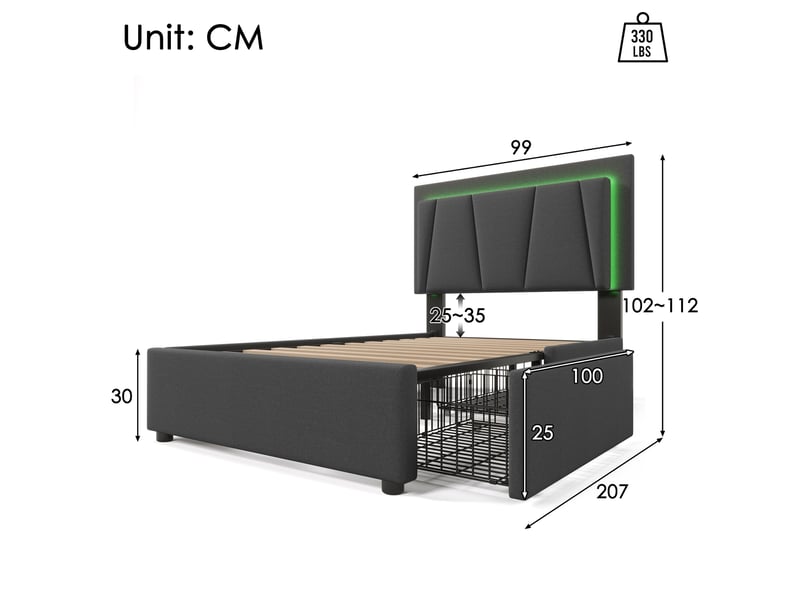  Lit simple 90x200 cm avec led, 2 tiroirs et tête de lit réglable gris  - Conforama E