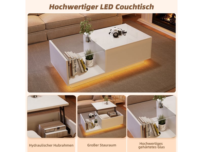 Table basse led haute brillance 100×50 cm – hauteur réglable, rangement caché et étagère, design moderne pour salon  - Conforama D