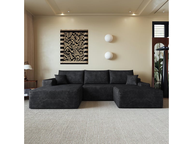  Canapé d'angle modulaire 270cm - canapé en l avec méridienne droite, velours côtelé, sans montage - noir  - Conforama B