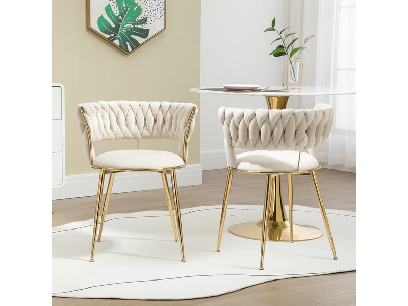  Lot de 2 chaises 57x43x70cm salle à manger, assise en velours, ivoire, dossier ajouré ergonomique, pieds métal doré  - Conforama E