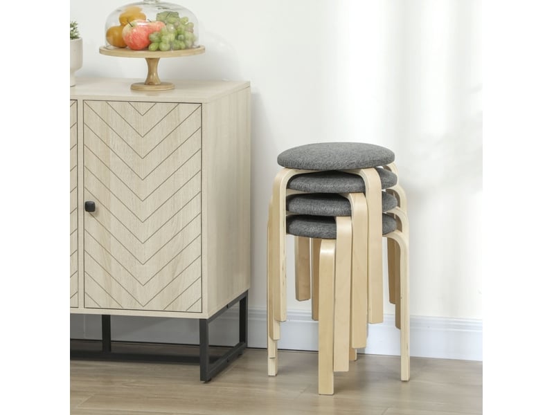 Lot de 4 tabourets de salle à manger 40x40x45 cm en bois gris, ronds et empilables, assise rembourrée  - Conforama E