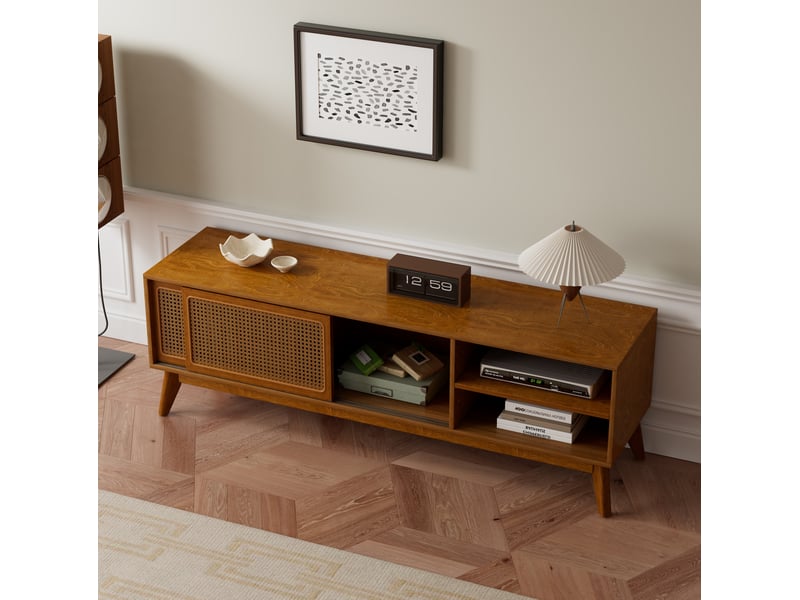  Meuble tv en rotin avec 2 portes coulissantes et 2 niches ouvertes, pieds réglables, pour salon, noyer, bois et mdf  - Conforama C
