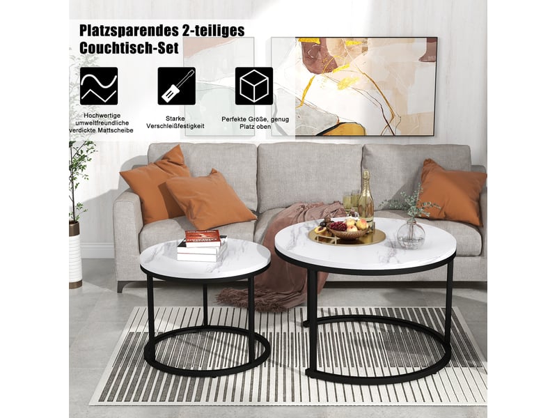  Table basse gigogne ronde avec 2 plateaux, structure métallique, style moderne, pour salon, finition marbre blanc  - Conforama E