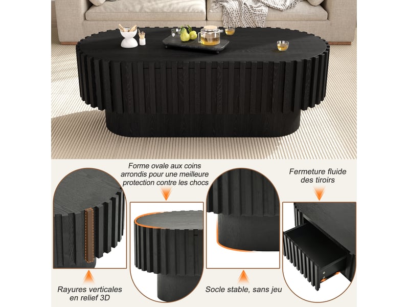  Table basse ovale 100x50x35,5 cm tiroir rangement, design lamelles verticales, angles arrondis, mdf charge 20 kg, noir  - Conforama E