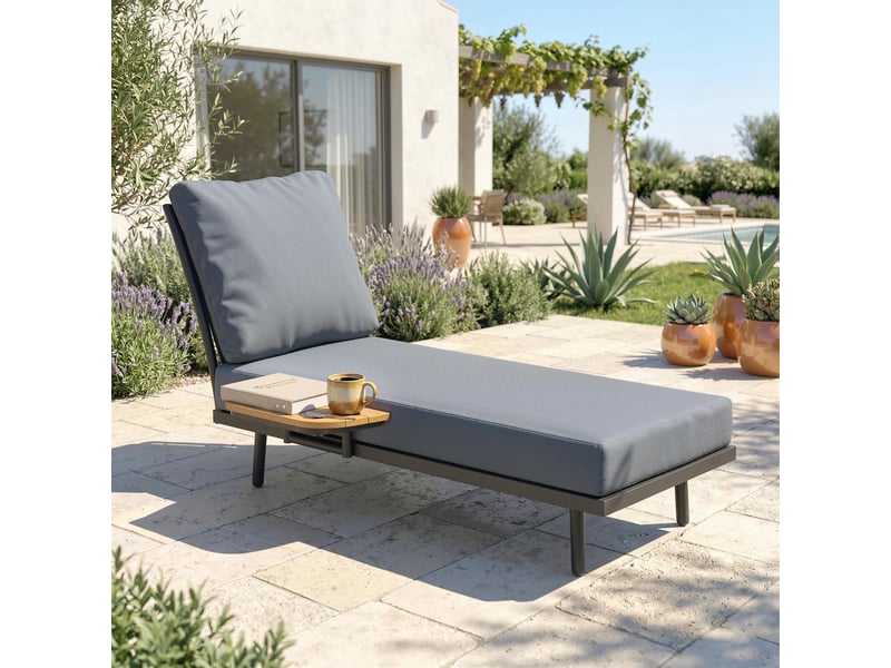 Chaise longue de jardin avec coussins lavables en oléfine et étagère latérale, cadre en métal, 58x137x75cm, gris - Conforama B