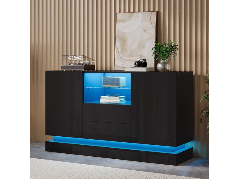  Buffet de rangement 140x40x80 cm, éclairage led, commande par application, 2 portes, 2 tiroirs pour salon et salle à manger - noir  - Conforama B
