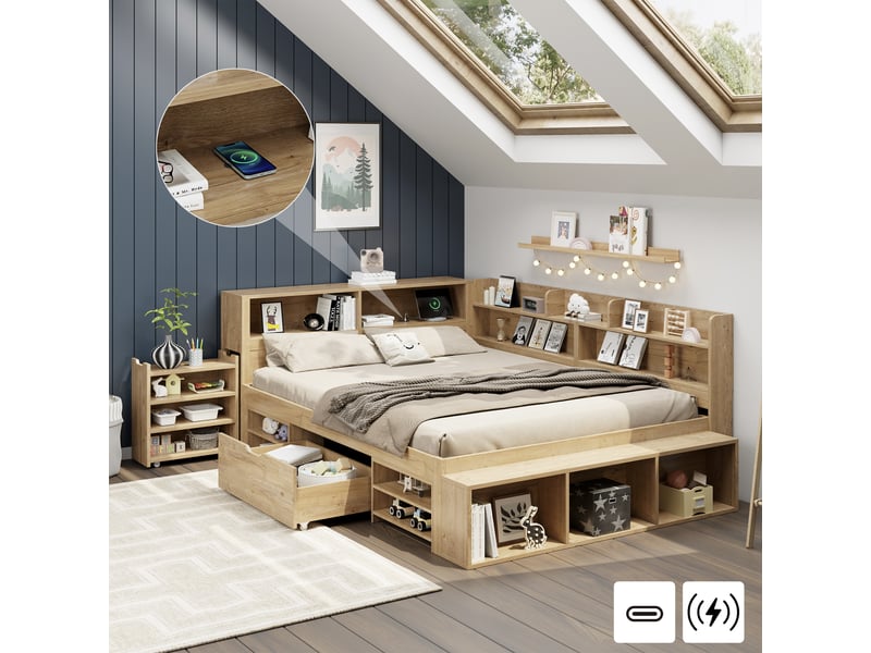  Lit enfant multifonction avec rangements 140x200 cm, chevet intégré, étagères, placards et tiroirs, recharge sans fil, finition bois naturel Radiant Stride - Conforama B