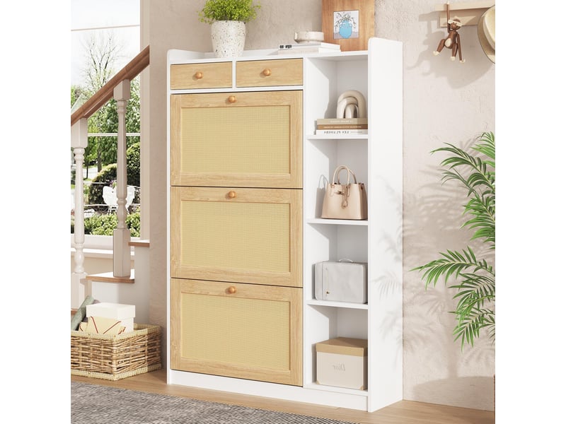  Meuble à chaussures - 90x24x130cm - meuble d'entrée 3 portes abattantes, 2 tiroirs, cannage rotin - blanc  - Conforama C
