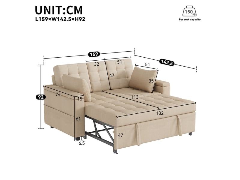  Canapé-lit modenvie 2 places convertible beige dossier réglable rangement 159 x 142,5 x 92 cm  - Conforama C