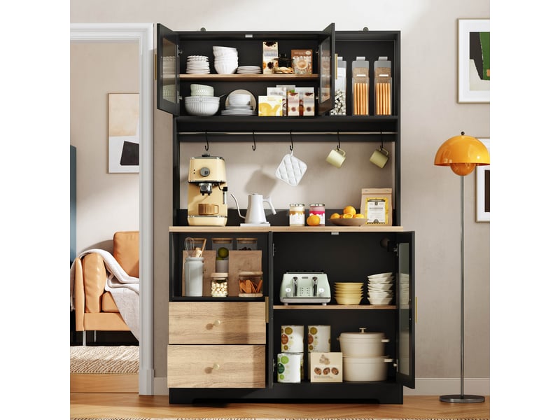  Meuble de cuisine muvano avec vitrine et led rgb, noir et effet bois, 110 × 40 × 178 cm  - Conforama D