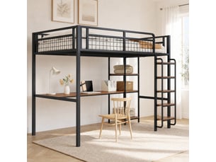 Lit mezzanine ulevr 140x200 cm avec bureau et étagères, échelle à marches, garde-corps de sécurité, structure en métal, noir