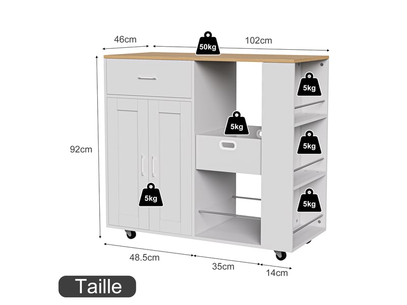 Desserte de cuisine à roulettes, îlot de cuisine mobile, buffet de cuisine, 46 x 102 x 92 cm, avec porte-serviettes, 2 portes 1 tiroir, blanc  - Conforama W