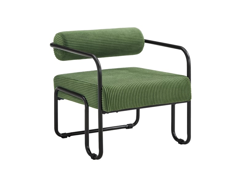  Fauteuil lounge avec dossier cylindrique et structure métallique, design moderne en velours côtelé vert  - Conforama A