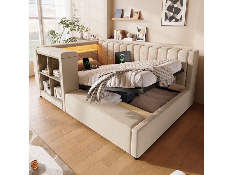  Canapé-lit 90x200cm - avec éclairage led et port de charge usbtype-c - tissu en lin - installation à gauchedroite - beige (matelas non inclus)  - Conforama D