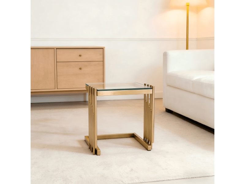  Table d'appoint carrée moderne 32 cm – verre trempé clair, miroir doré, cadre inox – salon, chambre, balcon, bureau  - Conforama E