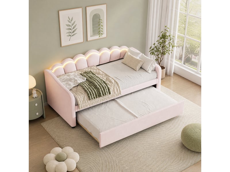  Lit gigogne 90x200 cm avec éclairage led, rose  - Conforama B