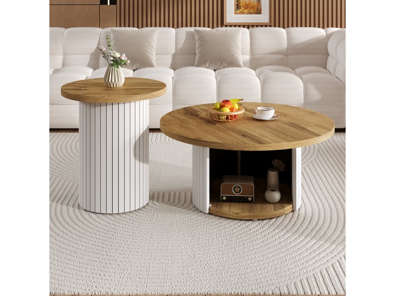  Table basse ronde double style scandinave naturel, ensemble modulable pour salon avec lattes verticales, mdf  - Conforama R