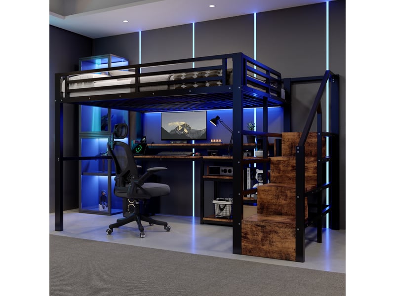 Lit mezzanine 140x200 cm, structure en métal et bois, coloris noir, rangements intégrés, éclairage led, ports usb et usb-c, échelle fixe, garde-corps - Conforama E